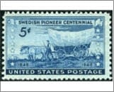 USA 1948 Mint SC958 Swedish Pioneer with Covered Wagon Moving Westward Dark blue 5 Cent 1948