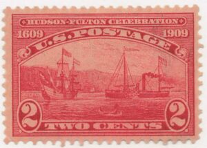 USA 1909 Mint Hinged Stamp SC372 Henry Hudson's "Half Moon" and Fulton's Steamship "Clermont" Carmine 2 Cent 1909