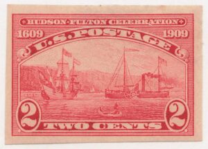 USA 1909 Mint Lightly Hinged Stamp SC373 Henry Hudson's "Half Moon" and Fulton's Steamship "Clermont" Carmine 2 Cent 1909