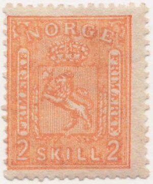 Norway 1867 Mint Hinged Stamp NK12(SC12) Coat of Arms – Double "SKILL” 2 Skilling Orange
