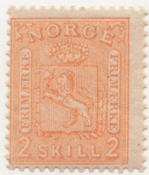 Norway 1867 Mint Never Hinged Stamp NK12(SC12) Coat of Arms – Double "SKILL” 2 Skilling Orange
