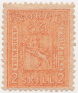 Norway 1867 Mint No Gum Stamp NK12(SC12) Coat of Arms – Double "SKILL” 2 Skilling Orange