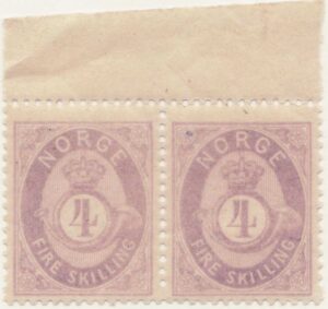 Norway 1875 Mint Never Hinged Pair NK19II(SC19) Posthorn (Skilling 1872-75) 4 Skilling Lilac Thin White Paper