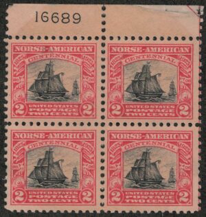 USA 1925 Mint Never Hinged Plateblock SC620 Sailboat Restaurationen (1801), built in Hardanger, Norway Black,Carmine 2 Cent 1925