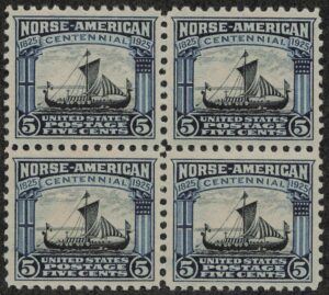 USA 1925 Mint Never Hinged Block SC621 Viking ship, coat of arms of Norway and the USA Black,Dark blue 5 Cent 1925