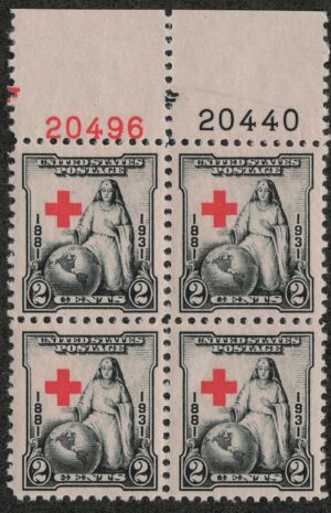 USA 1931 Mint Never Hinged Plateblock SC702 The Greatest Mother (1930), poster by Lawrence Wilbur Red,Black 2 Cent 1931