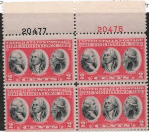 USA 1931 Mint Never Hinged Plateblock SC703 Count de Rochambeau, Washington, and Count de Grasse Black,Carmine 2 Cent 1931