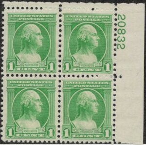 USA 1932 Mint Never Hinged Plateblock SC705 George Washington Green 1 Cent 1932