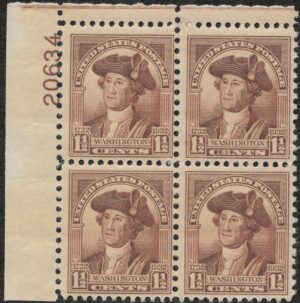 USA 1932 Mint Never Hinged Plateblock SC706 George Washington Brown 1.5 Cent 1932