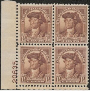 USA 1932 Mint Never Hinged Plateblock SC706 George Washington Brown 1.5 Cent 1932