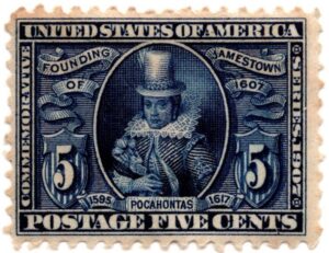 USA 1907 Mint Stamp SC330 Pocahontas (1596-1617), Powhatan convert to Christianity Blue 5 Cent 1907