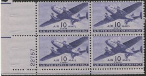 USA 1941 Mint Never Hinged Plateblock SCC27 The Twin-Motored Transport Plane Violet 10 Cent 1941