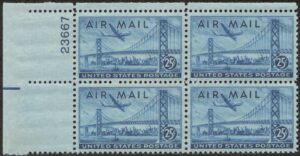 USA 1947 Mint Never Hinged Plateblock SCC36 San Francisco-Oakland Bay Bridge & Boeing B377 Stratocruiser Blue 25 Cent 1947