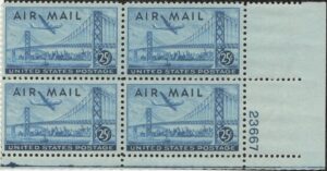 USA 1947 Mint Never Hinged Plateblock SCC36 San Francisco-Oakland Bay Bridge & Boeing B377 Stratocruiser Blue 25 Cent 1947