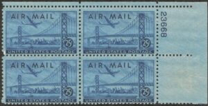USA 1947 Mint Never Hinged Plateblock SCC36 San Francisco-Oakland Bay Bridge & Boeing B377 Stratocruiser Blue 25 Cent 1947