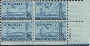USA 1947 Mint Never Hinged Plateblock SCC36 San Francisco-Oakland Bay Bridge & Boeing B377 Stratocruiser Blue 25 Cent 1947