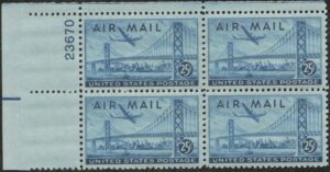 USA 1947 Mint Never Hinged Plateblock SCC36 San Francisco-Oakland Bay Bridge & Boeing B377 Stratocruiser Blue 25 Cent 1947