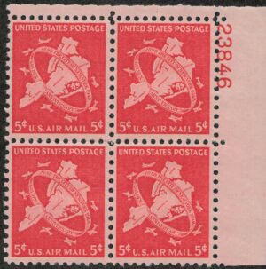 USA 1948 Mint Never Hinged Plateblock SCC38 Map of Five Boroughs New York City & Planes Carmine 5 Cent 1948