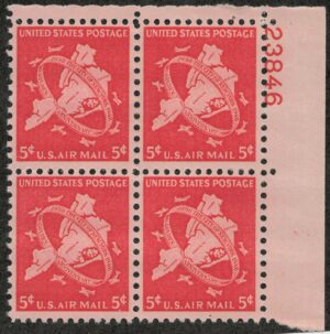 USA 1948 Mint Never Hinged Plateblock SCC38 Map of Five Boroughs New York City & Planes Carmine 5 Cent 1948