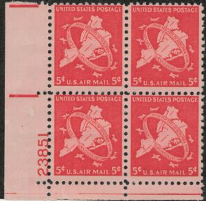 USA 1948 Mint Never Hinged Plateblock SCC38 Map of Five Boroughs New York City & Planes Carmine 5 Cent 1948