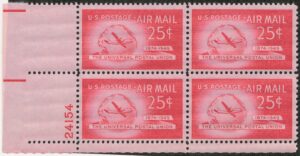 USA 1949 Mint Never Hinged Plateblock SCC44 Boeing Stratocruiser and Globe Pink carmine 25 Cent 1949