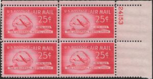 USA 1949 Mint Never Hinged Plateblock SCC44 Boeing Stratocruiser and Globe Pink carmine 25 Cent 1949