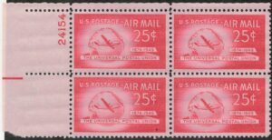 USA 1949 Mint Never Hinged Plateblock SCC44 Boeing Stratocruiser and Globe Pink carmine 25 Cent 1949