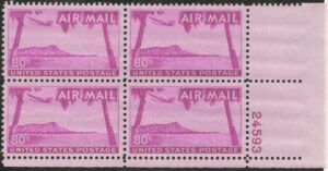 USA 1952 Mint Never Hinged Plateblock SCC46 Diamond Head, Honolulu, Hawaii Bright red violet 80 Cent 1952
