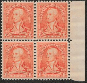 USA 1932 Mint Never Hinged Block SC711 Gen. George Washington at Trenton (1792), by John Trumbull Red orange 6 Cent 1932