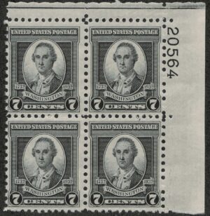 USA 1932 Mint Never Hinged Plateblock SC712 George Washington Black 7 Cent 1932