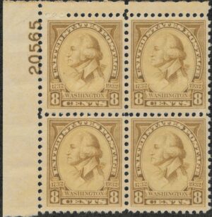 USA 1932 Mint Never Hinged Plateblock SC713 George Washington Olive bistre 8 Cent 1932