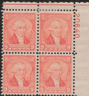 USA 1932 Mint Lightly Hinged Plateblock SC714 George Washington Bright red 9 Cent 1932