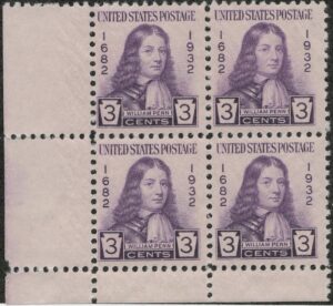 USA 1932 Mint Never Hinged Block SC724 William Penn (1644-1718), English real estate entrepreneur Violet 3 Cent 1932