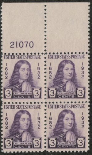 USA 1932 Mint Never Hinged Plateblock SC724 William Penn (1644-1718), English real estate entrepreneur Violet 3 Cent 1932