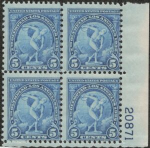 USA 1932 Mint Never Hinged Plateblock SC719 Discobolus of Myron (c. 450 B.C.), Greek sculpture Blue 5 Cent 1932