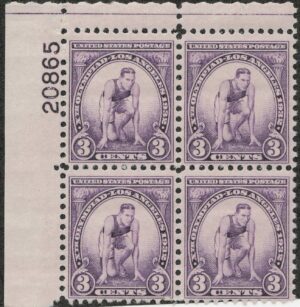 USA 1932 Mint Never Hinged Plateblock SC718 Runner at Starting Mark Violet 3 Cent 1932