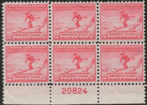 USA 1932 Mint Never Hinged Plateblock SC716 Skier Carmine rose 2 Cent 1932