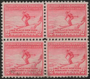Mint Never Hinged Block USA 1932 SC716 Skier Carmine rose 2 Cent 1932