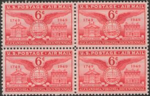 Mint Never Hinged Block USA 1949 SCC40 Home of John Carlyle, Alexandria Seal, Gadsby's Tavern Carmine 6 Cent 1949