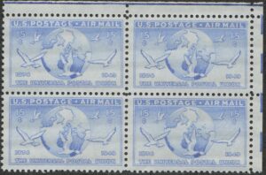 Mint Never Hinged Block USA 1949 SCC43 Globe and Doves Carrying Messages Ultramarine 15 Cent 1949