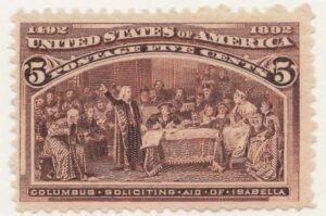 Mint No Gum Stamp USA 1893 SC234 Columbus Soliciting Aid from Queen Isabella Chocolate 5 Cent 1893