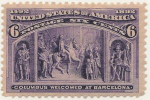 Mint Hinged Stamp USA 1893 SC235 Columbus Welcomed at Barcelona Purple 6 Cent 1893