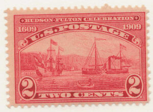 Mint Lightly Hinged Stamp USA 1909 SC372 Henry Hudson's "Half Moon" and Fulton's Steamship "Clermont" Carmine 2 Cent 1909