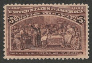 Mint Never Hinged Stamp USA 1893 SC234 Columbus Soliciting Aid from Queen Isabella Chocolate 5 Cent 1893