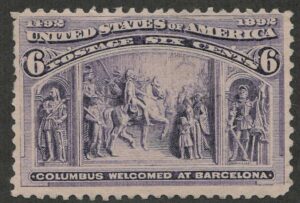Mint Never Hinged Stamp USA 1893 SC235 Columbus Welcomed at Barcelona Purple 6 Cent 1893