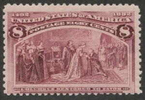 Mint Never Hinged Stamp USA 1893 SC236 Columbus Restored to Favor Magenta 8 Cent 1893