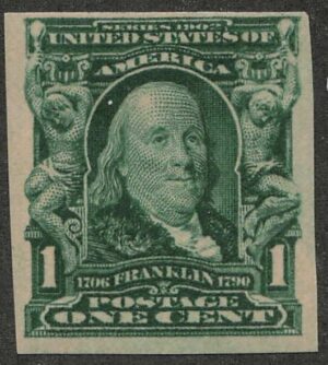 Mint Hinged Stamp USA 1906 SC314 Benjamin Franklin Blue green 1 Cent 1906