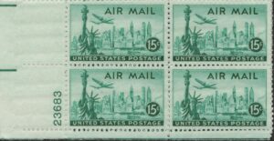 Mint Stamp USA 1947 SCC35 Statue Of Liberty, New York Skyline & Lockheed Constellation Bright blue green 15 Cent 1947**STOCK IMAGE**