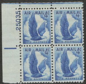 Mint Never Hinged Plateblock USA 1954 SCC48 Bald Eagle (Haliaeetus leucocephalus) Bright blue 4 Cent 1954**STOCK IMAGE**