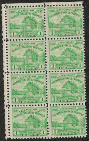 Mint Never Hinged Block USA 1933 SC728 Restoration of Fort Dearborn Yellow green 1 Cent 1933